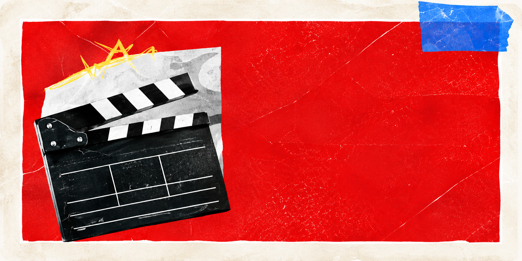 Film clapperboard on a red collage background